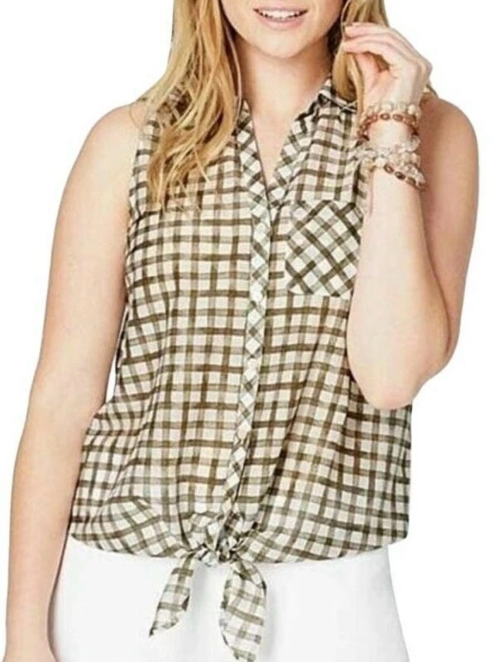 J. Jill Silk Cotton Blend Window Pane Plaid Sleveless Tie Front Blouse Sz Large